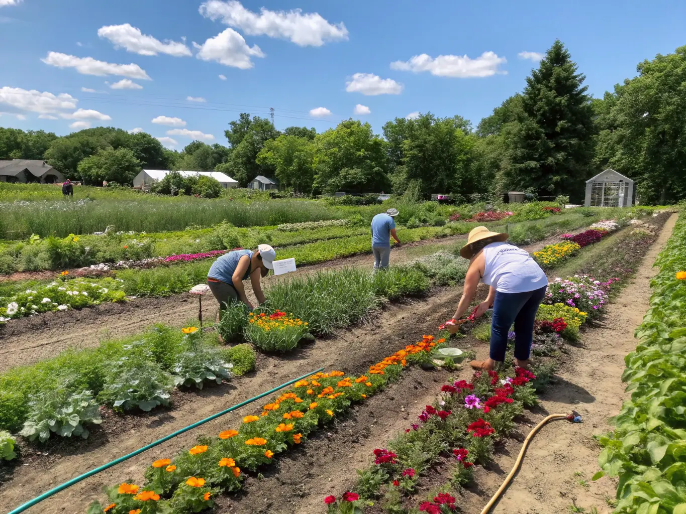 A group of families working together on a community garden project, planting vegetables and flowers, symbolizing community collaboration.