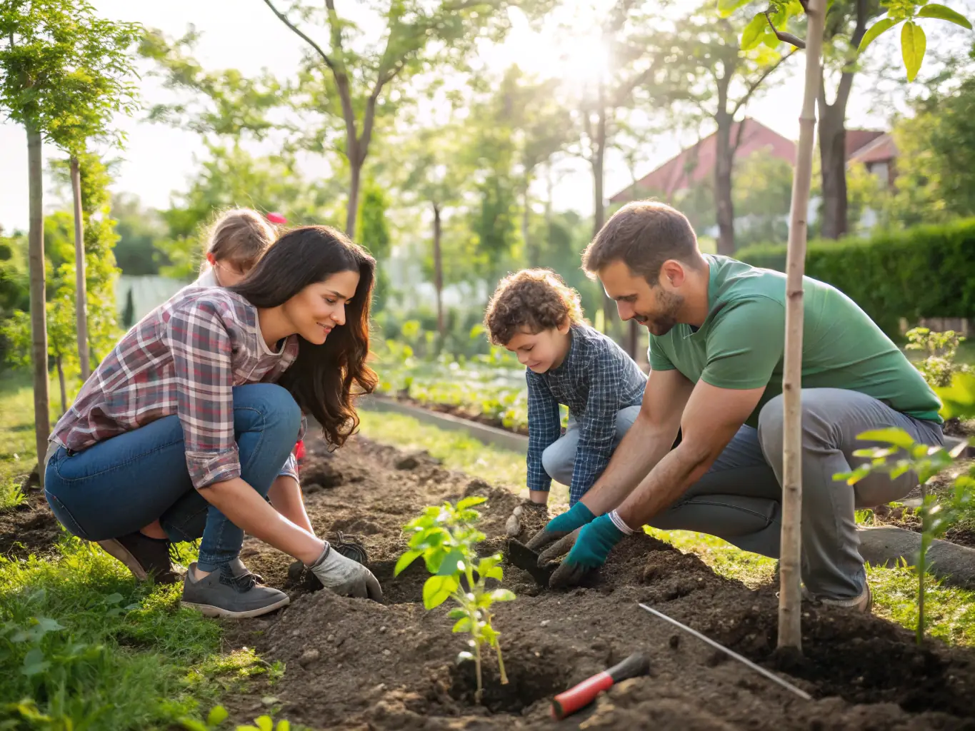 A group of families participating in a community gardening project, planting vegetables and flowers together in a rural setting, symbolizing community engagement and sustainable living.