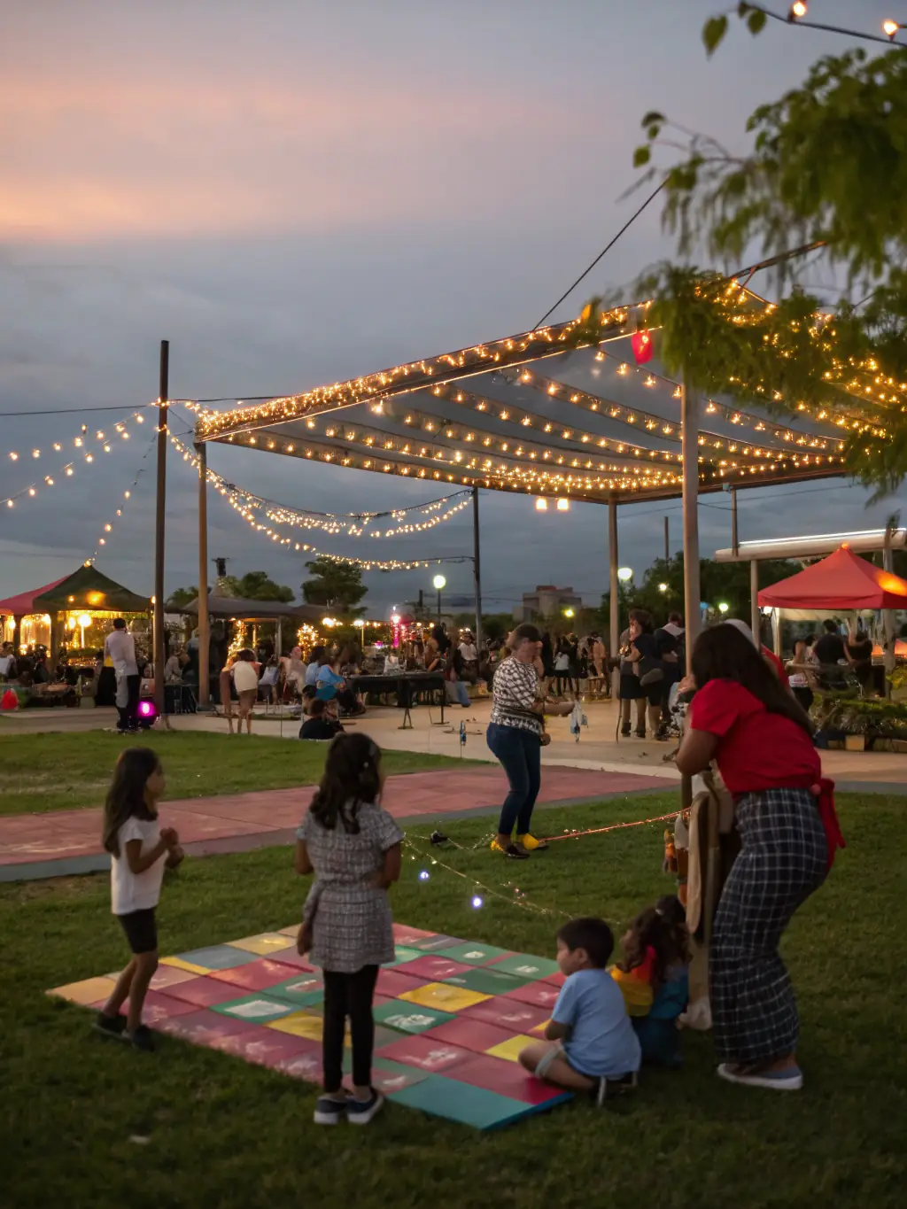 A photograph of a community event with families enjoying local music and food, emphasizing the spirit of local solidarity.