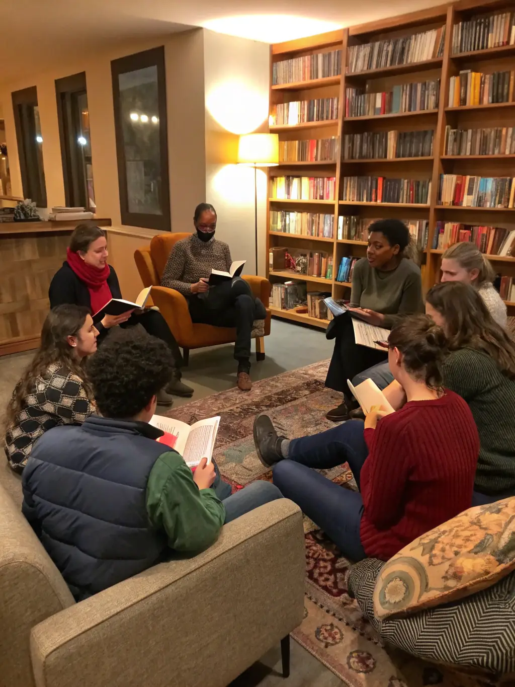 A lively photograph of children and seniors engaged in a storytelling session, highlighting the intergenerational exchange.