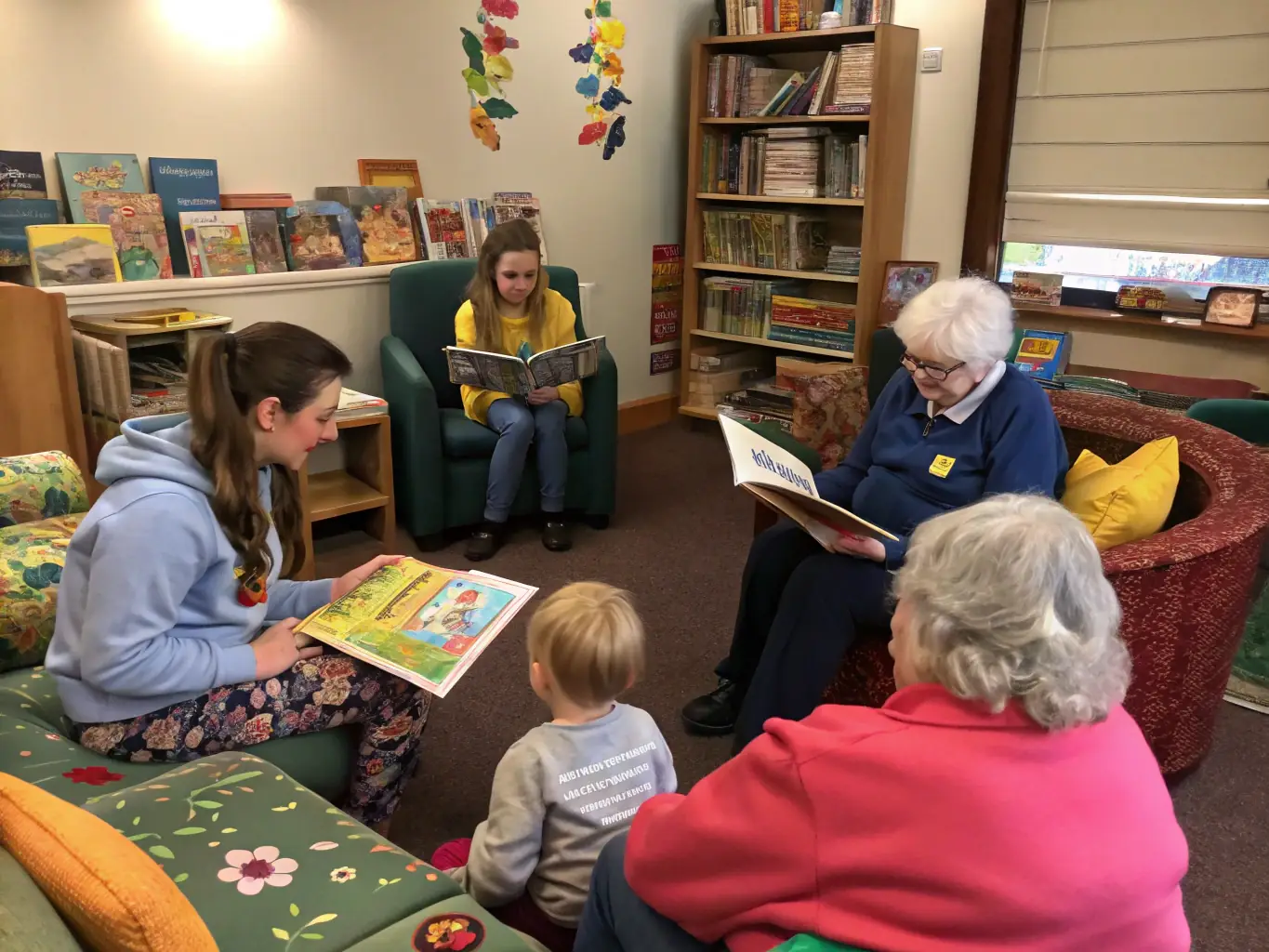 A group of children and seniors engaged in a storytelling session, sharing stories and experiences in a cozy and welcoming environment, representing intergenerational exchange and cultural preservation.