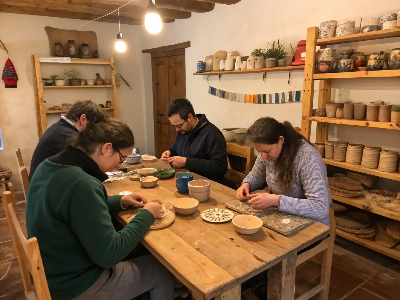 A workshop session where participants are learning traditional crafts, such as knitting or woodworking, guided by experienced artisans in a rustic setting.