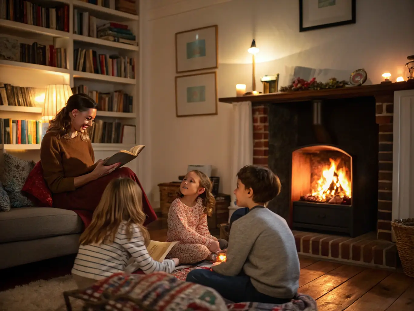 A heartwarming image of children and seniors participating in a storytelling session at a local community center, showcasing intergenerational exchange.